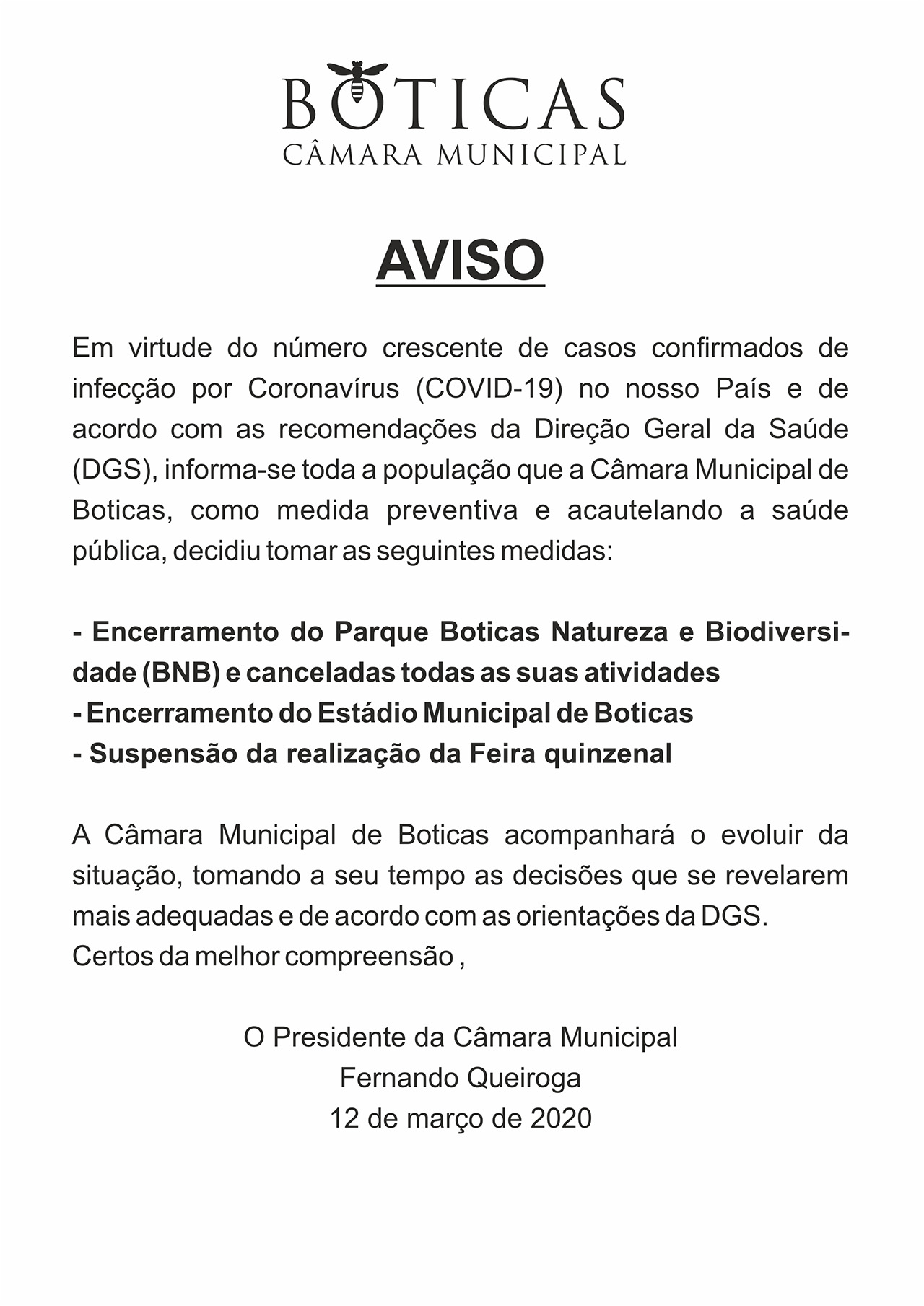 Encerramento do Boticas Parque e Estdio Municipal e suspenso da feira quinzenal